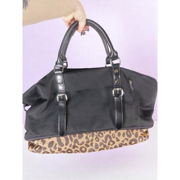 Black & Leopard Print Travel Duffle Bag Adj Straps 20" x 9.5" x 12" - Picture 1 of 11